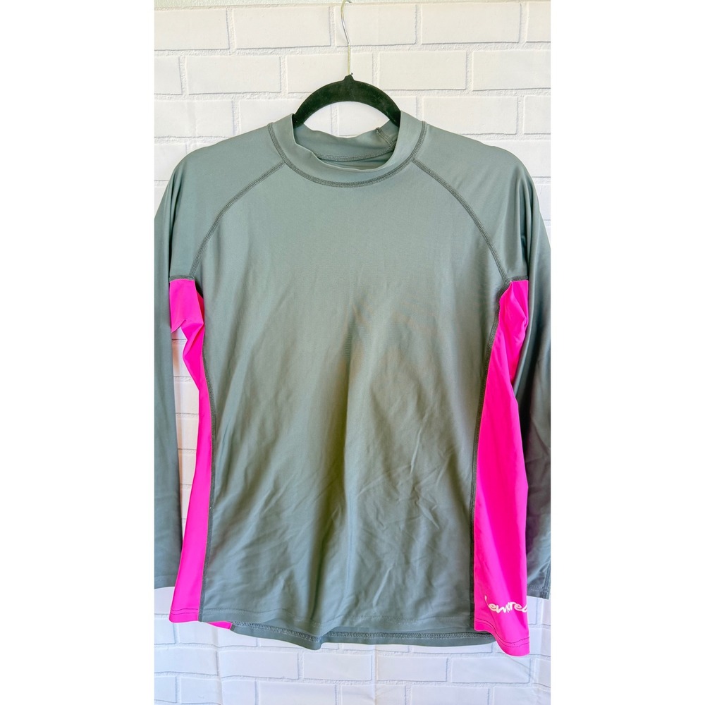 New Wave Womens Long Sleeve Rash Guard Swim Top Grey Pink Raglan Sleeve